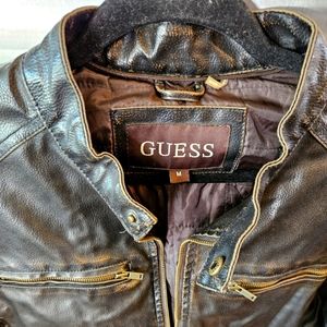 Mens Guess faux Leather motorcycle jacket dark brown size M